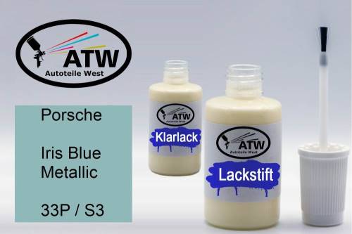 Porsche, Iris Blue Metallic, 33P / S3: 20ml Lackstift + 20ml Klarlack - Set, von ATW Autoteile West.
